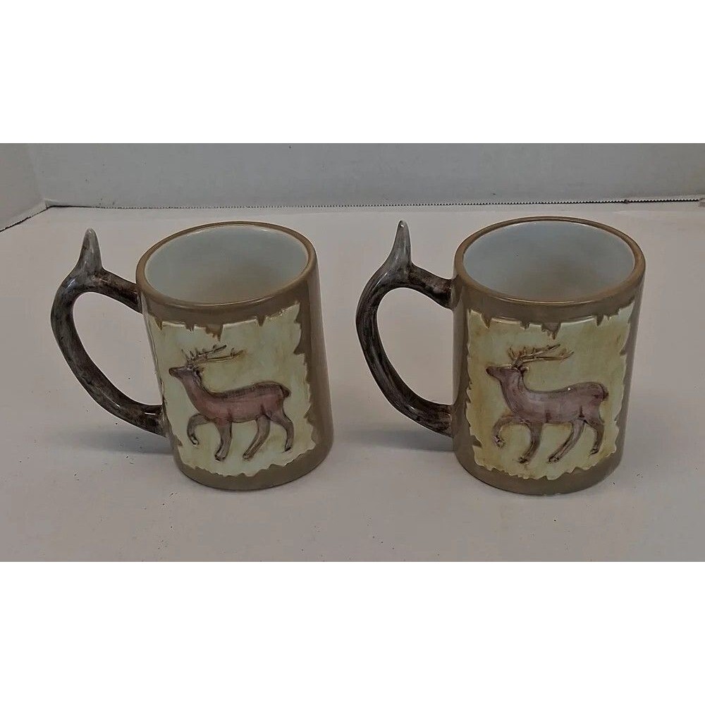 MWW Market Set of 2 Deer Coffee Mugs 12 oz. Raised Antler Handles Rustic Lodge